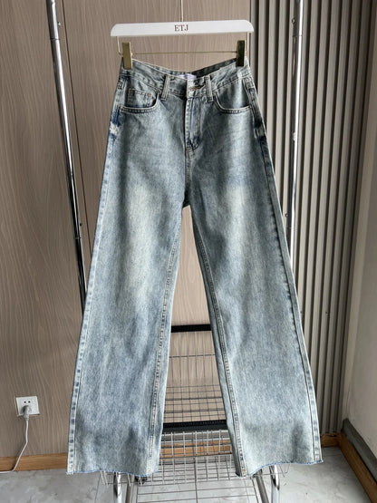 Wide-leg high-waisted jeans  women's classic everything with five pockets washed soft comfortable ultra-long jeans6045022
