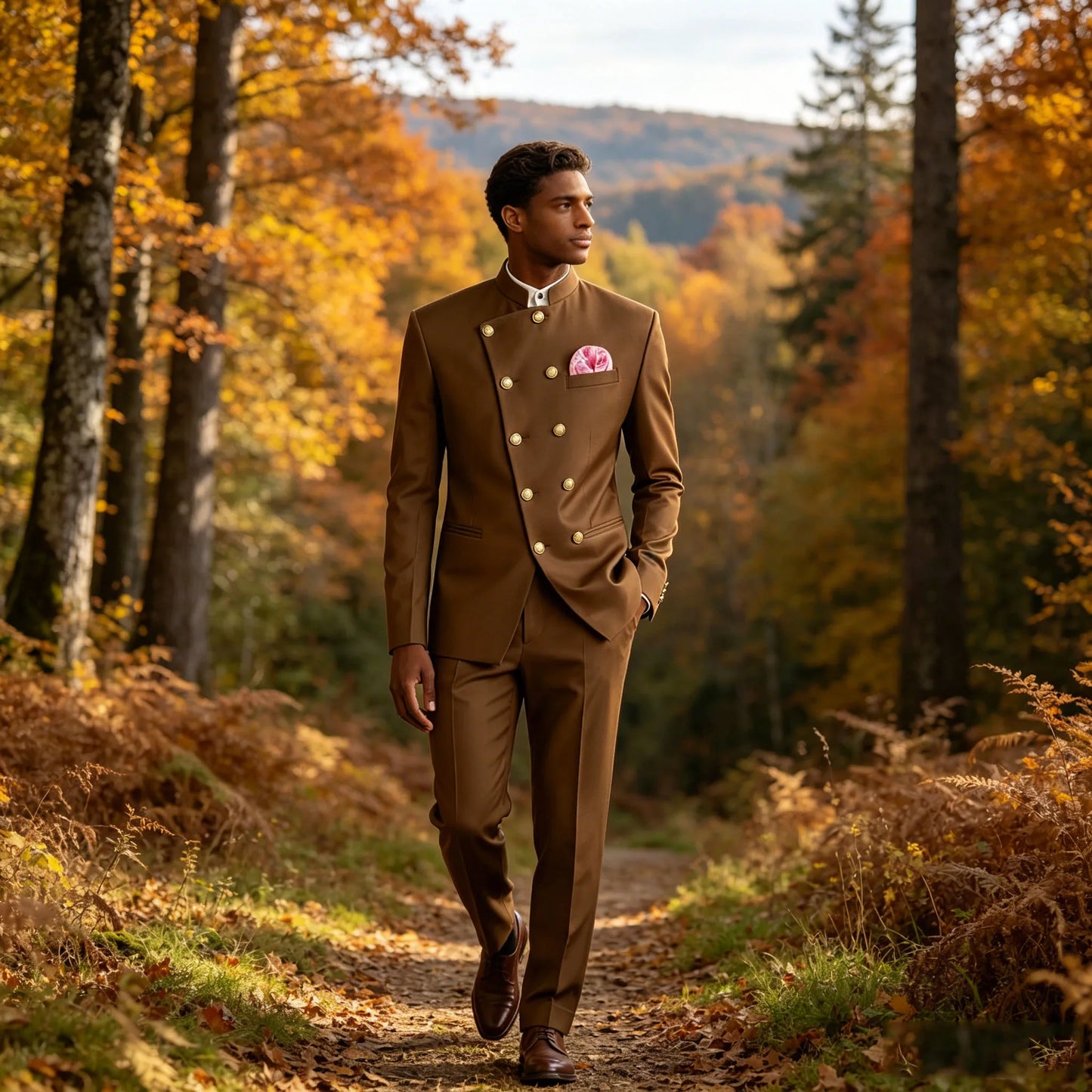 Men's Chinese Style Suit 2 Piece Brown Mandarin Collar Double Breasted With Gold Buttons Formal Jacket Pants For Business Weddin
