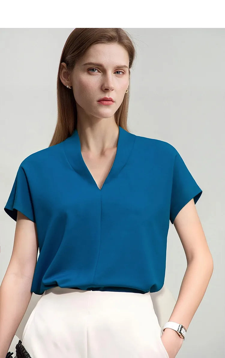 Minimalism 2026 Summer Women's T-shirt Classic Style Casual V-neck Short Sleeve Solid Stretch Female Tops & Tees 12612011