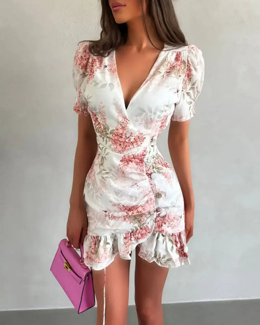 Elegant Floral Printed Mini Dress Women V-neck Short Sleeves Hotsweet Ruffle Sundress 2026 Lady Summer Vacation Dress