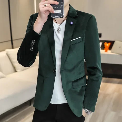 2026 Men's Red Slim Suit Jacket, Long Sleeve Single Button Dress Coat, Asian Size Teenagers Blazers Blue Green Black Male Tops