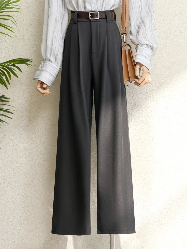 2026 New Burgundy Suits Pants for Women Office Lady Elegant High Waist Wide Leg Fashion Trousers with Pockets Black Gray