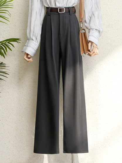 2026 New Burgundy Suits Pants for Women Office Lady Elegant High Waist Wide Leg Fashion Trousers with Pockets Black Gray