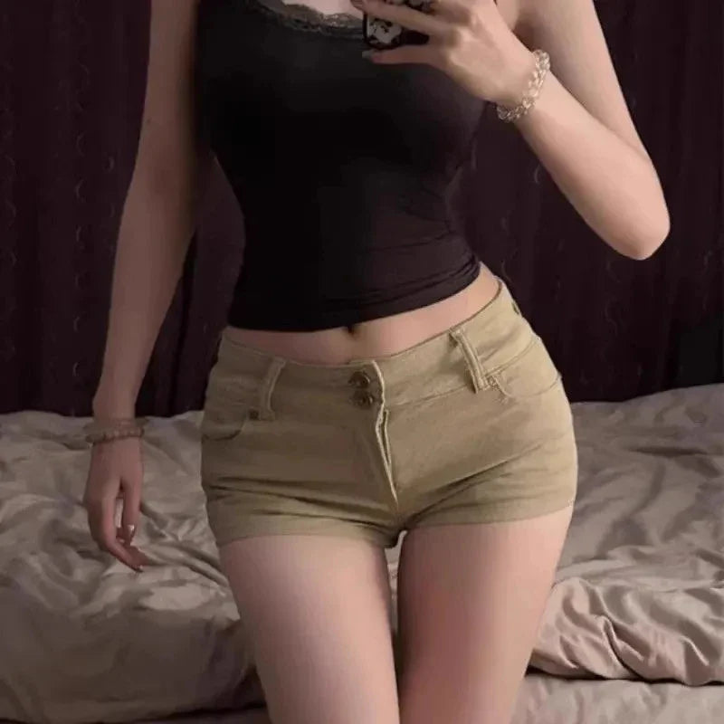 Sexy Low Waist Khaki Women Denim Shorts 2025 Summer Fashion High Street Slimming Skinny Hot Pants Vintage Y2K Hot Girls Shorts