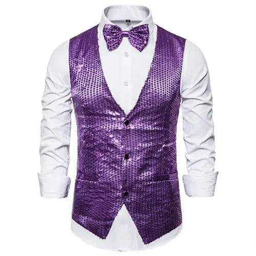 New Gold Sequin Vest Men's Single-breasted V-neck Sleeveless Vests Coat Wedding Party Waistcoat Silver Blue Purple Red Tops