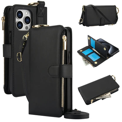 Multifunction Card Slots Holder Zipper Wallet Flip Phone Case for IPhone 15 14 13 12 11 Pro Max Plus XS XR X 15Pro Strap Cover