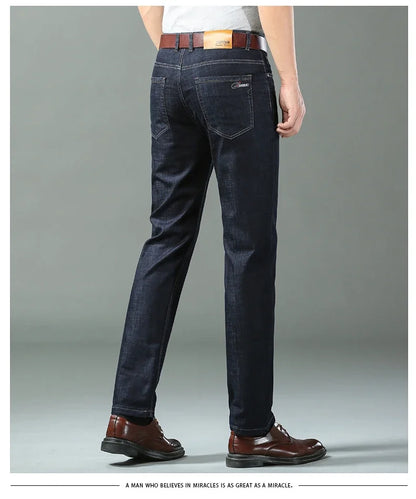 New Ice Silk Thin Denim Jeans for Men Blue Straight Stretch Cotton Denim Pant Business Casual Lightweight Trousers Spring Summer