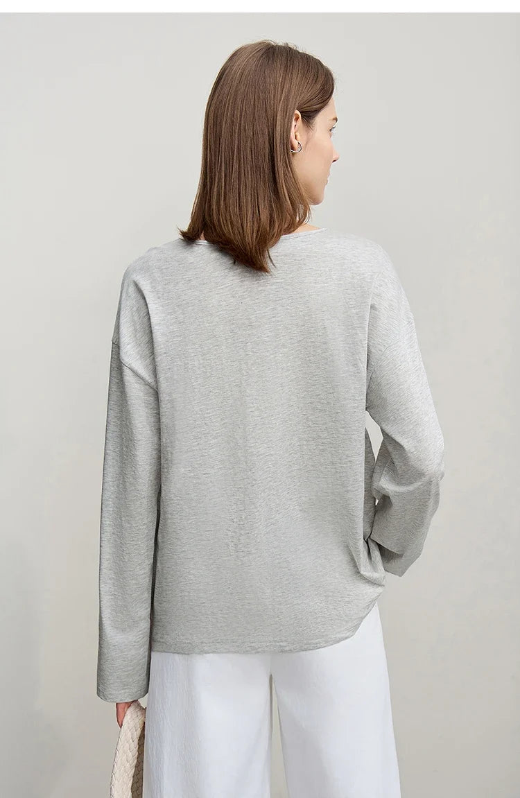 Women's Long Sleeve Top 2026 Spring New V-neck Loose T-shirt Women's Cotton Knitted Tees Pullover Versatile Top 12641011