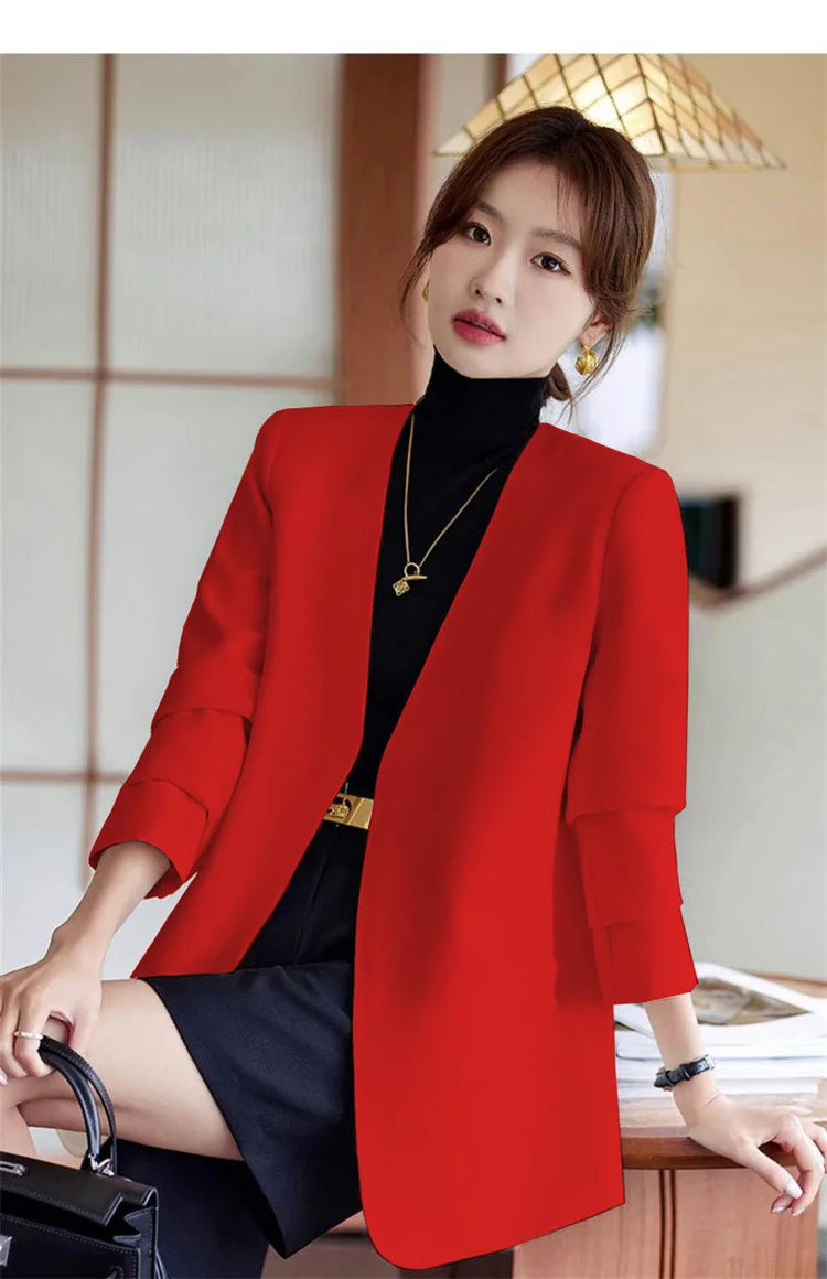 Fashionable Versatile Spring Autumn Women's Blazer Jacket Korean Style Street Style Long Sleeve Suit Coat Pure Color Commute...
