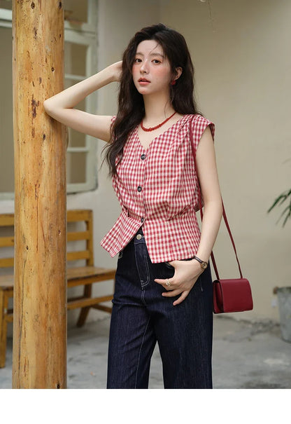 Women's Fashion V-neck Shirt 2026 Summer New Plaid Ladies Red Button Shirt Casual Retro Top Female Clothing MXE37X1921