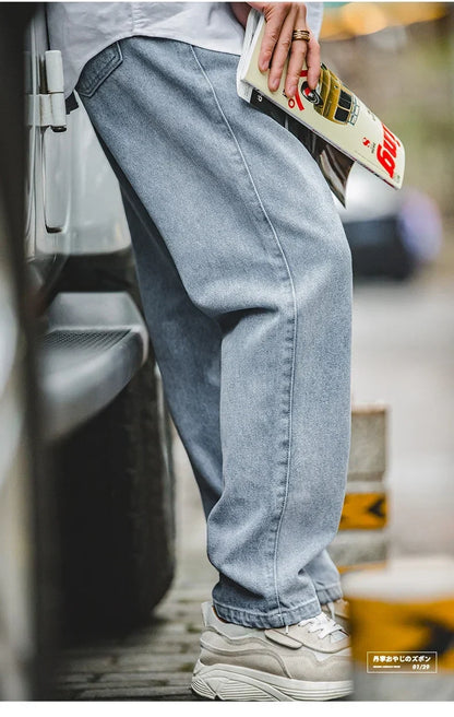 Men Vintage Washed Denim Jeans 12.8 OZ Straight Dark Blue Loose Casual Wide Leg Pants Male Streetwear Blue Jeans Trousers