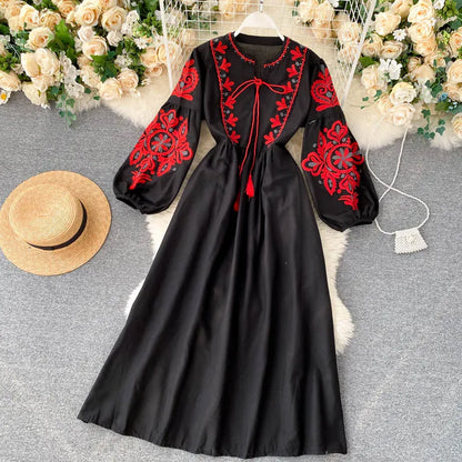 n Sle Embroidered Flower Long Sve Loose Fit Lantern Sve Gathered Slimming A-Line Dr Women's round Ne Dr
