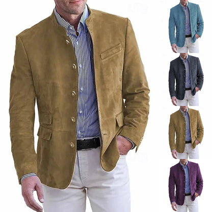 Autumn Winter Men'S Casual Blazer Jacket Stand Collar Long Sleeve Solid Color Single Breasted Button Fashion Jackets