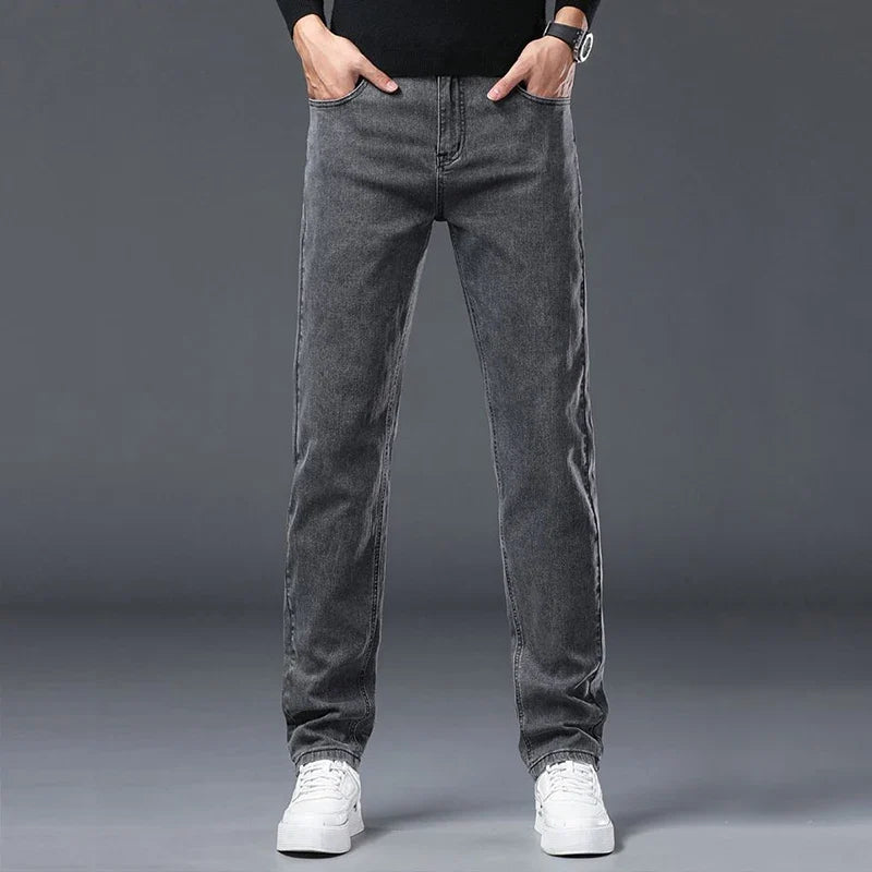 Spring New Men's Slim Fit Elastic Jeans Fashion Gray Comfortable Casual Denim Pants Korean Business Work Straight Black Trousers