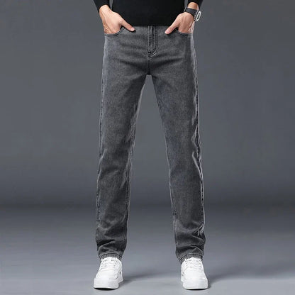 Spring New Men's Slim Fit Elastic Jeans Fashion Gray Comfortable Casual Denim Pants Korean Business Work Straight Black Trousers