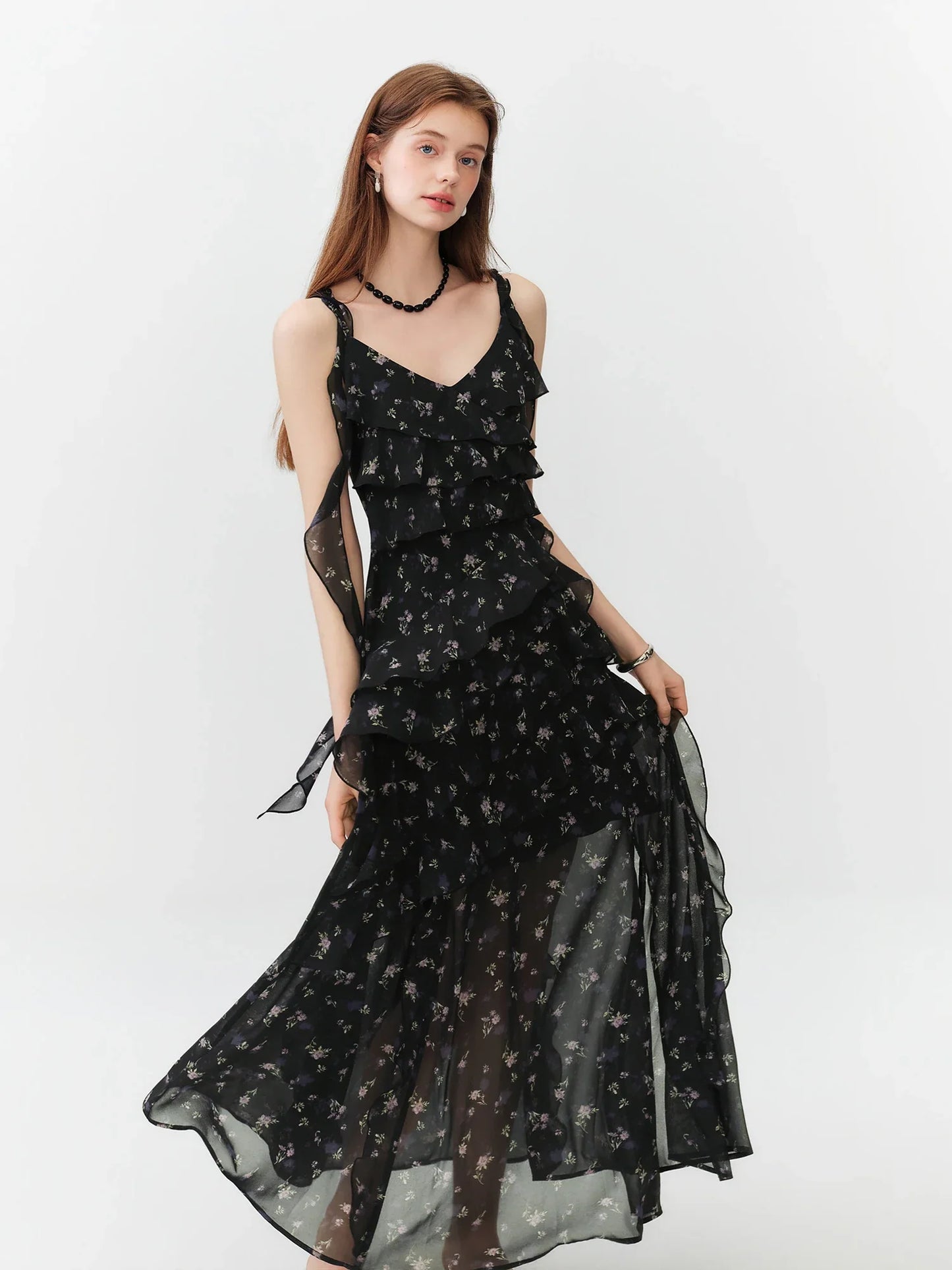 Summer Women Floral Print Ruffle Tiered Maxi Dress Adjustable Spaghetti Strap A-Line Long Dress Coquette Romantic Style