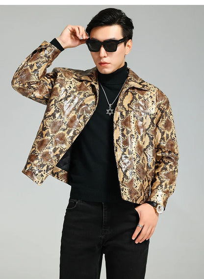 Autumn Short Handsome Cool Colorful Snakeskin Print Pu Leather Jacket Men Luxury European Style Clothes 2023 EU Size