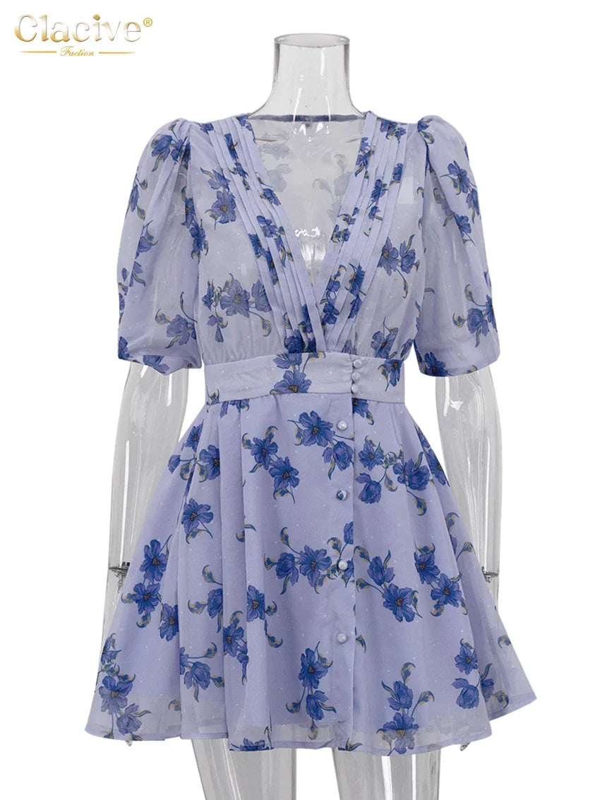 Fashion Loose Print Women Dress 2025 Sexy Deep V-Neck Short Sleeve Mini Dresses Elegant Classic High Waist Female Dress