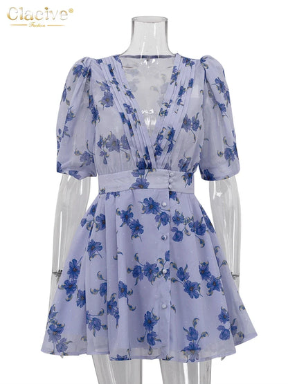 Fashion Loose Print Women Dress 2025 Sexy Deep V-Neck Short Sleeve Mini Dresses Elegant Classic High Waist Female Dress