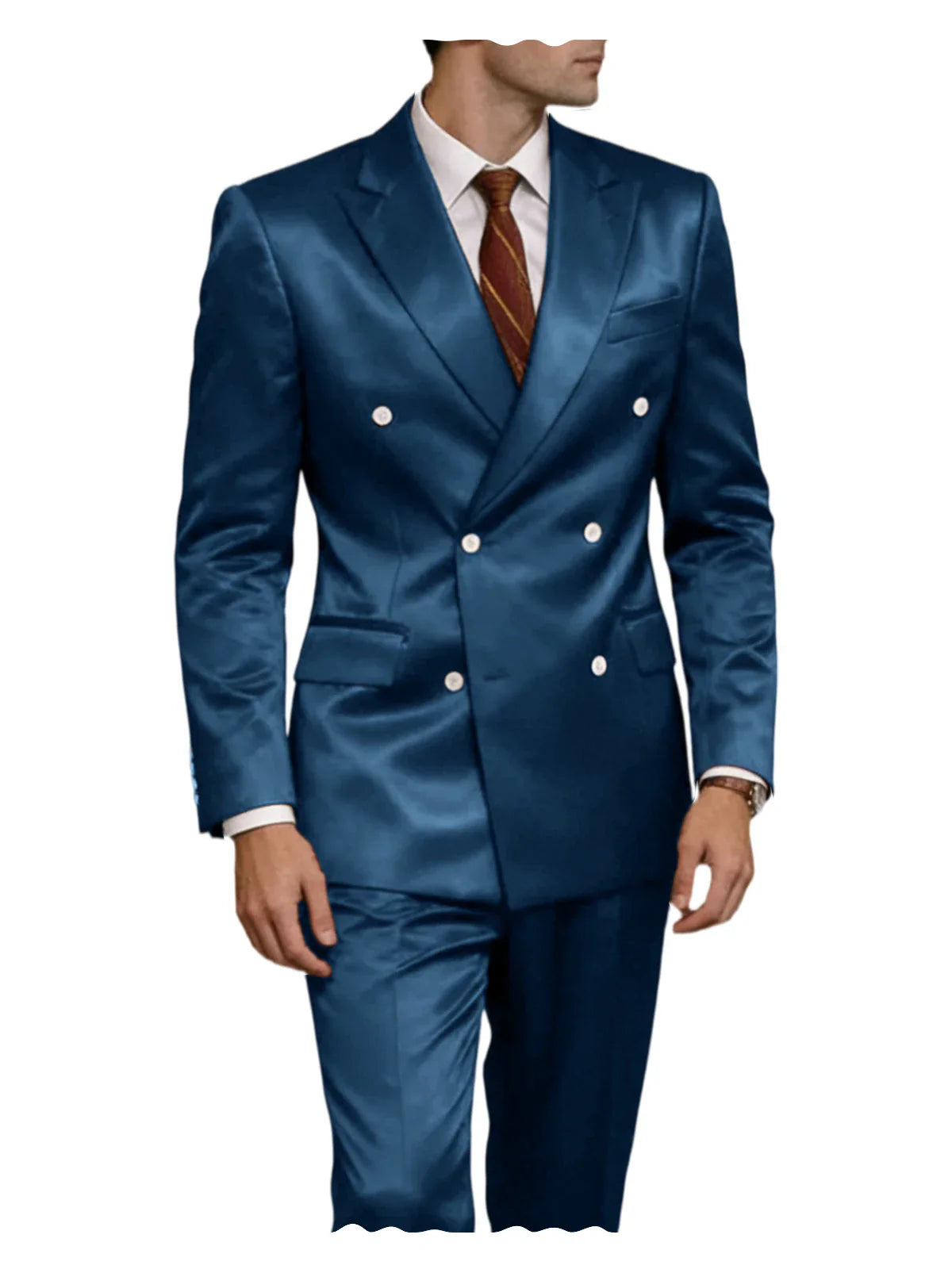 Luxury Men's Shiny Satin 2 Piece Suit Peak Lapel Double Breasted Jacket Pants Elegant Slim Fit Formal Tuxedo for Wedding Party