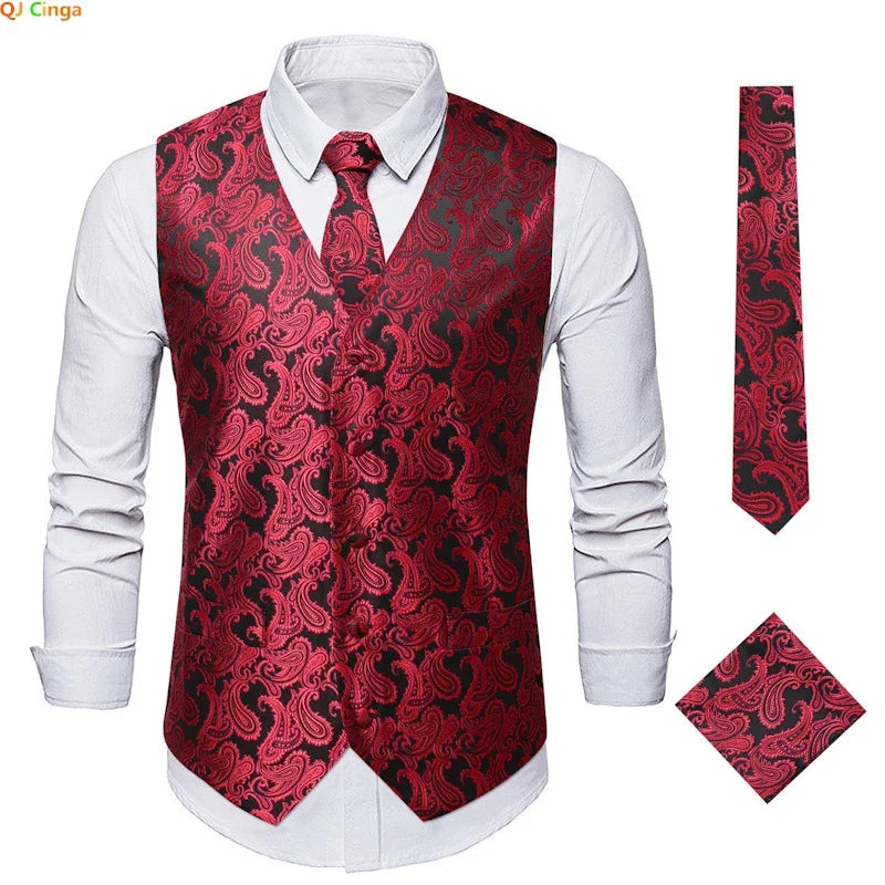 Red Men's Single Breasted V-Neck Sleeveless Vest Jacket, Wedding Party Vests, White Black Blue Green Waistcoat With tie and