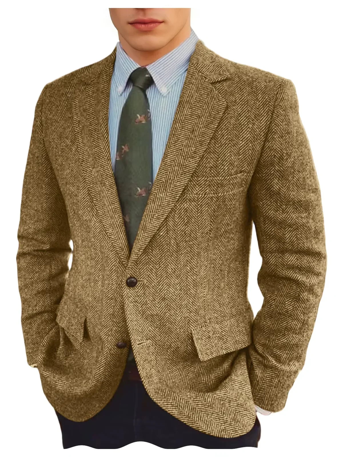 Men's Grey Herringbone Tweed Blazer Classic-Fit Notched Lapel Casual Jacket Slim Fit Business Wedding Suit Coat Plus Size