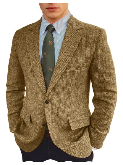 Men's Grey Herringbone Tweed Blazer Classic-Fit Notched Lapel Casual Jacket Slim Fit Business Wedding Suit Coat Plus Size