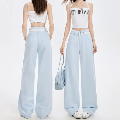 Loose Casual Wide Leg Denim Pants Summer New Thin 100% Cotton Women's High Waist Y2K Contrast Stitching All Match Baggy Jeans