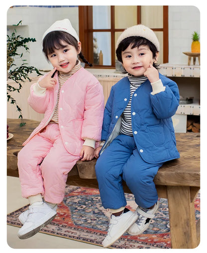 Autumn Winter Baby Kids Jackets+Pants Sets Thicken Boys Girls Coat Trousers Warm Windproof Clothes Suit For Children Home Wear