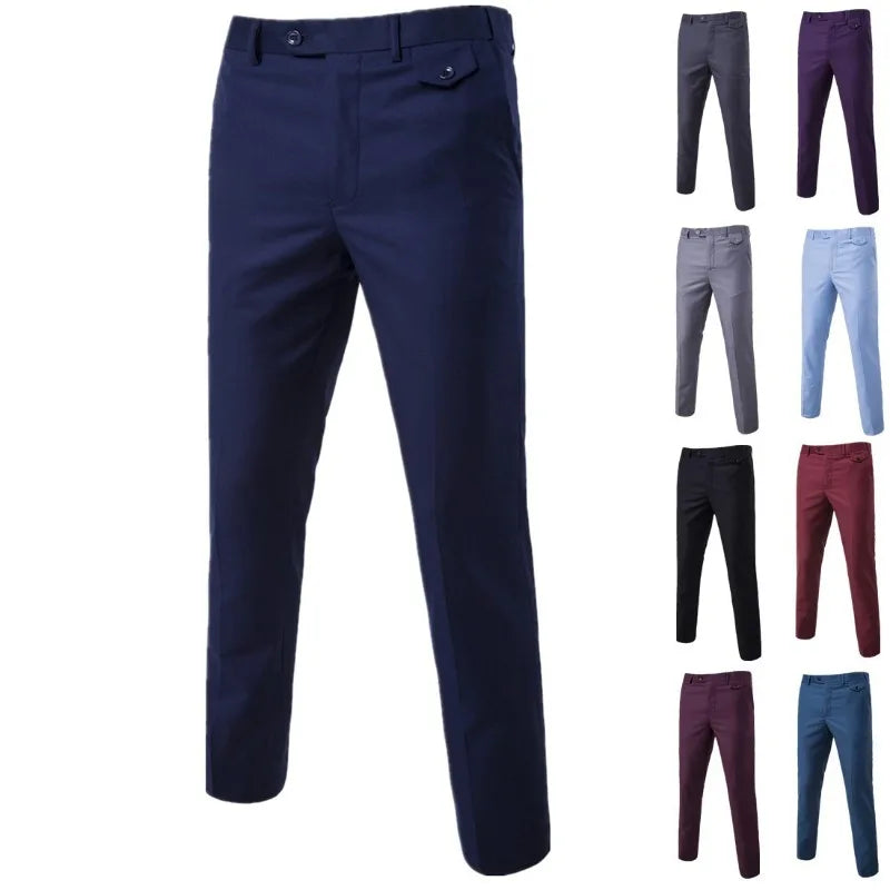 Mens Black Slim-Fit Suit Pants Business Casual Formal Trousers