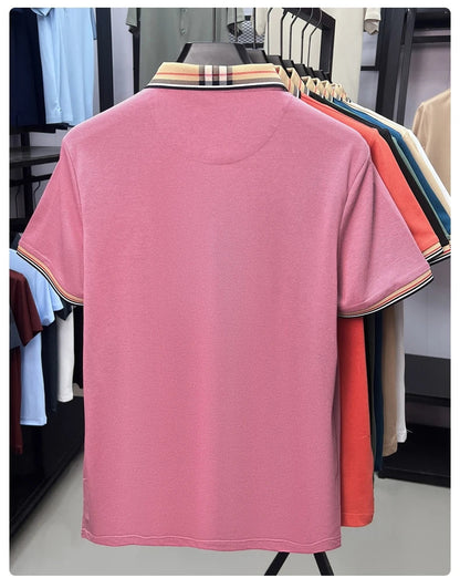 Fashion brand luxury short sleeve polo shirt men summer quality silky cotton breathable business casual striped collar T-shirt