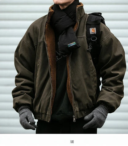 Winter Heavyweight Mens Jacket Japanese Vintage PU Coated Windproof Thick Fleece Lined Warm Distressed Streetwear Long Coat Male