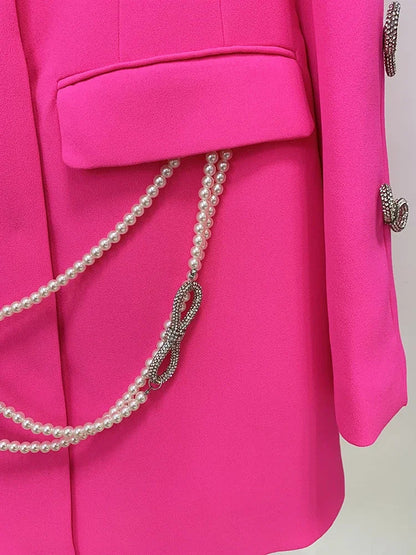 HIGH STREET Newest 2026 Designer Stylish Fashion Women's Pearls Chain Diamonds Beaded Hollow Out Bow Sleeve Blazer Dress