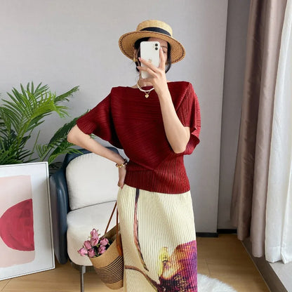 Miyake Pleated Top 2026 New Round Neck Short Sleeve Batwing T-Shirt Women Summer Lightweight Vacation Travel Women's Clothing