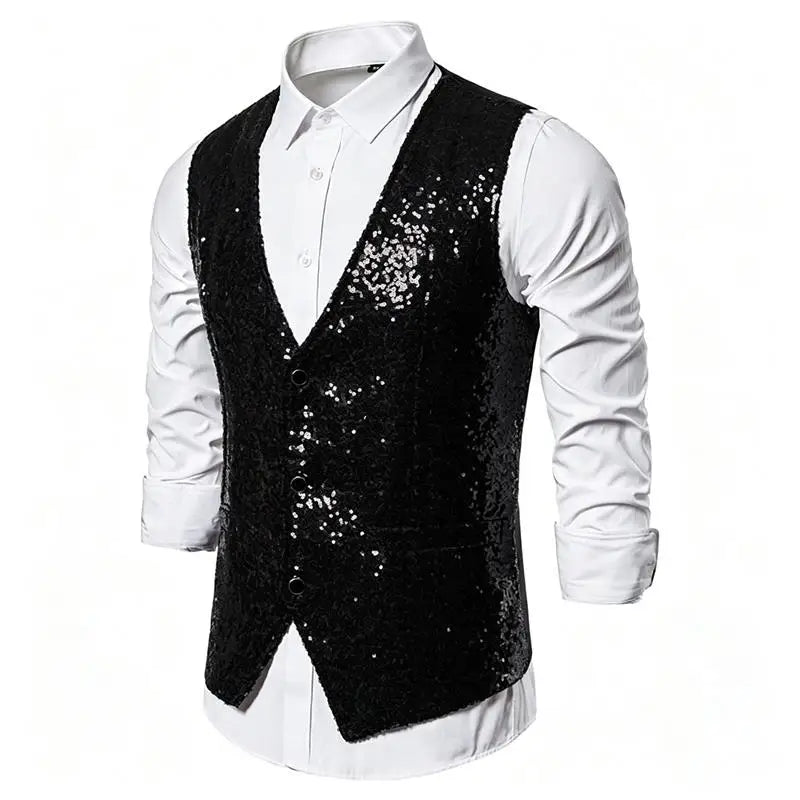 Shiny Sequin Men's V Neck Vest Single Breasted Suit Gilet Waistcoat for Wedding Prom Party Club Nightclub DJ Stage Performance