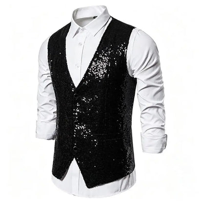 Shiny Sequin Men's V Neck Vest Single Breasted Suit Gilet Waistcoat for Wedding Prom Party Club Nightclub DJ Stage Performance