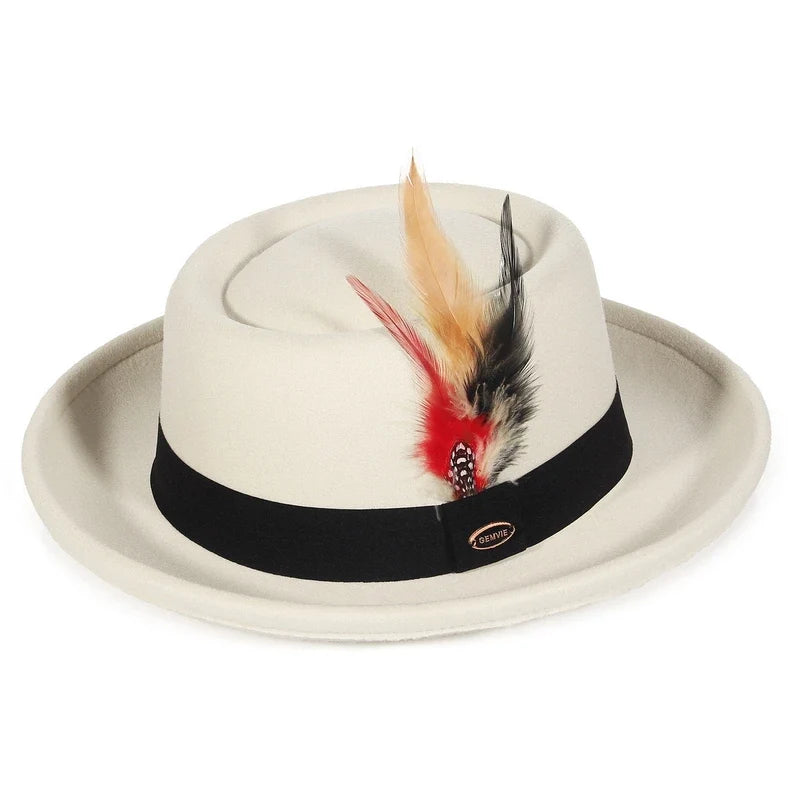 Autumn Winter Pork Pie Fedora Hat for Women Men Soft Felt Curved Brim Porkpie Hats with Hatband Feather