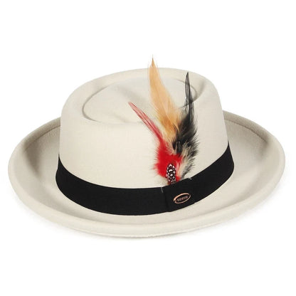 Autumn Winter Pork Pie Fedora Hat for Women Men Soft Felt Curved Brim Porkpie Hats with Hatband Feather