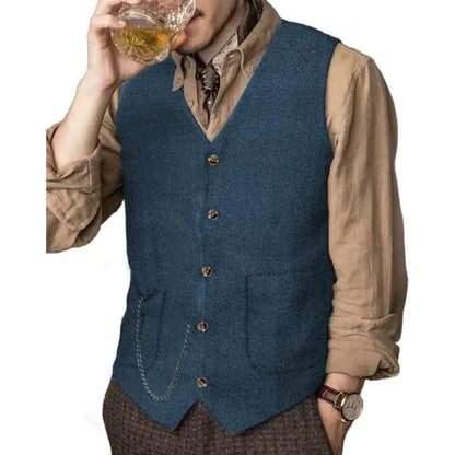 Men Vest Coffee Herringbone Solid Single Breasted Waistcoat For Wedding Business Banquet Party Work Daily Casual Men Suit Vest