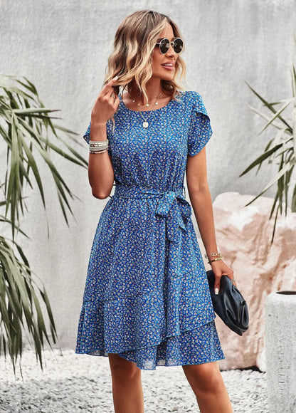 Summer O Neck Casual Printd Women Strap High Waist Pleated Floral Dress