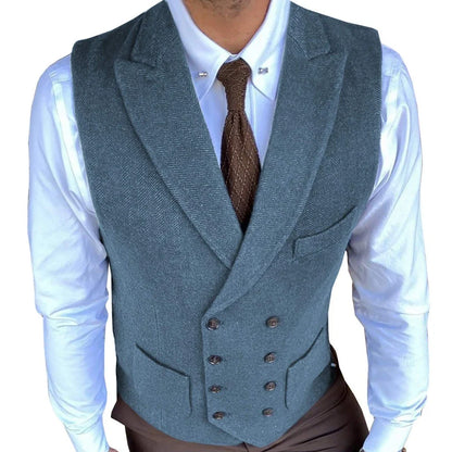 Men Vest Gray Herringbone Solid With Lapel Double Button Waistcoats For Wedding Banquet Business Office Work Men Suit Vest