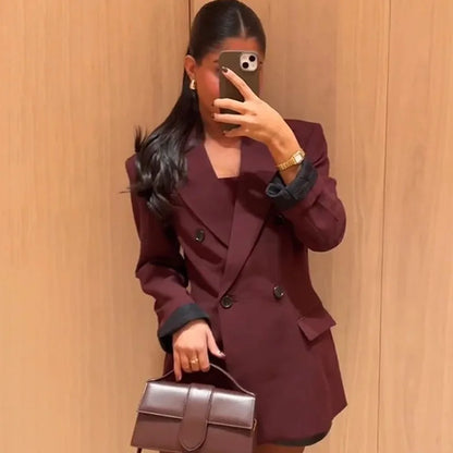 Vintage Wine Red Blazer Jacket Women Fashion Double-Breasted Long Sleeve Suit Jackets Female 2026 New Spring Lapel Office Coat