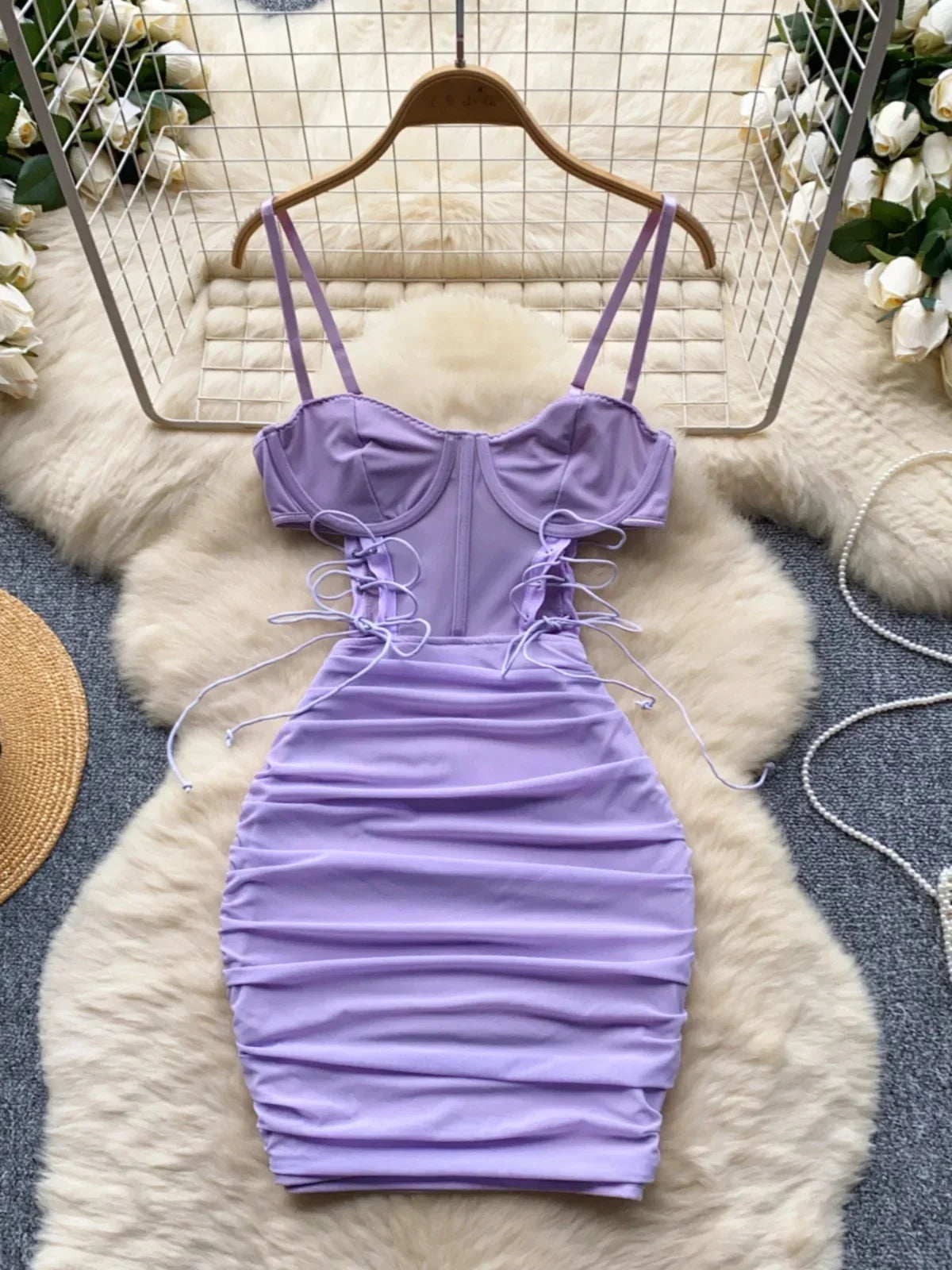 Ins Sexy Hollow Out Sling Dress with Exposed Waist Bandage Pleated Slim Fit Bodyocn Girl's Photo Date Short Dress