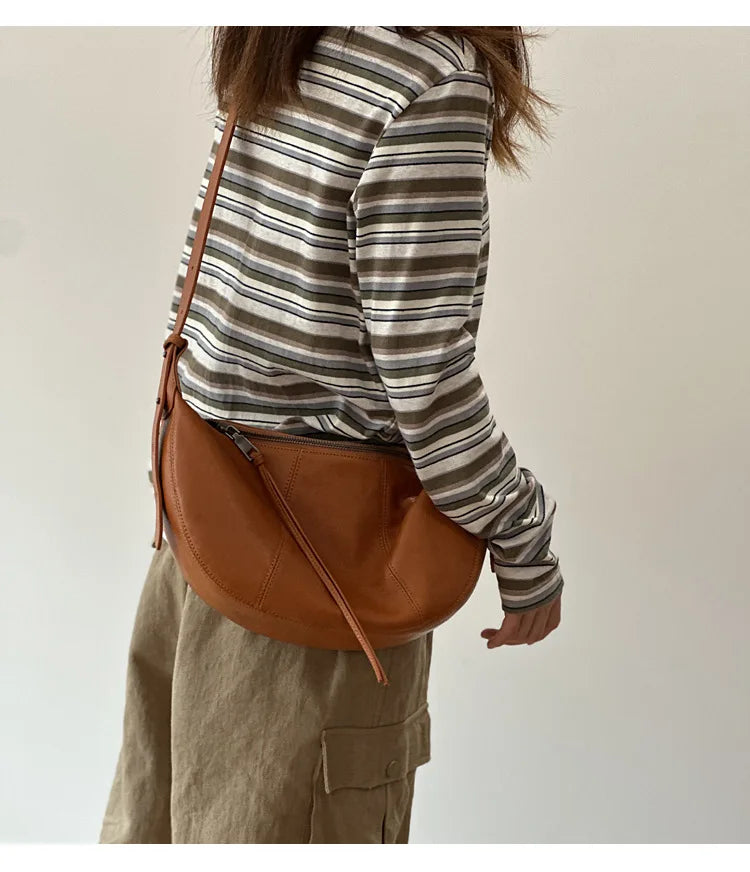 2026 New Genuine Leather Women's Bag Casual Solid Color Versatile Saddle Bag Soft Cowhide Shoulder Crossbody Bags