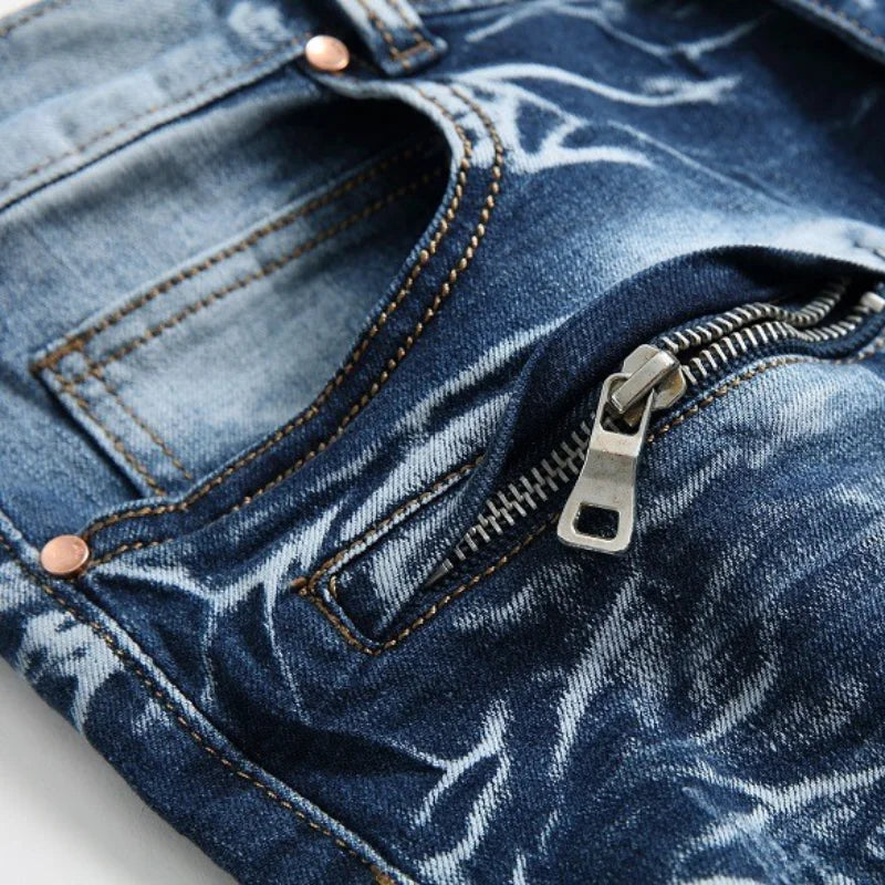 Zipper Pocket Retro Nostalgic Jeans Men's New Style High Street Motorcycle Fashion Stretch Slim Straight Denim Trousers Male
