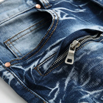 Zipper Pocket Retro Nostalgic Jeans Men's New Style High Street Motorcycle Fashion Stretch Slim Straight Denim Trousers Male