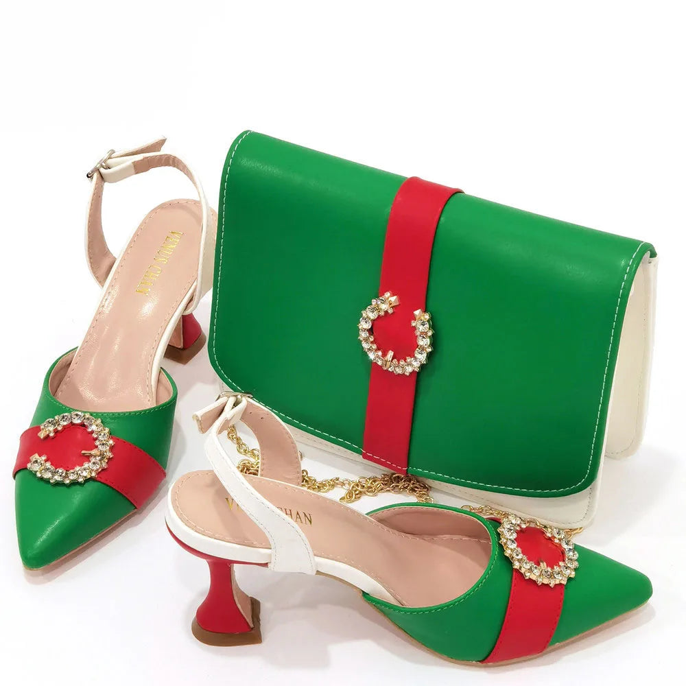 2022 Italian Design Leather Colorblock Pointed Toe High Heel Women's Sandals Fashion Everyday Matching Shoes and Bag Sets