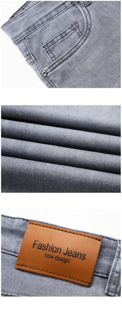 Summer Brand Men's Fit Straight Lightweight Cotton Stretch Jeans Business Casual High Waist Thin Light Grey Jeans mens pants