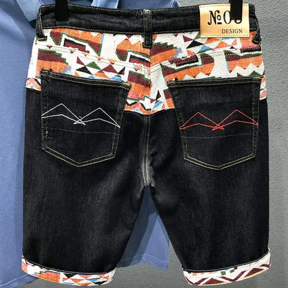 Summer New Denim Shorts Men's Stitching Embroidery Ripped Knee-length Shorts White Black Retro Blue Fashion High Quality Jeans