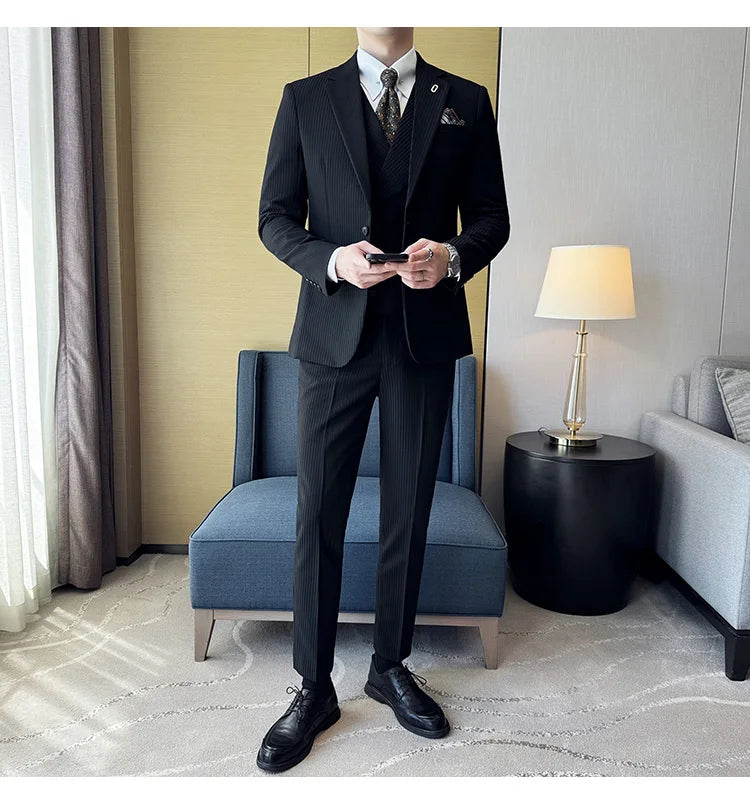 Luxury Stripe Men Suit Korean Version Fashion Elegant Slim Fit Tuxedo Formal Groom Wedding Social Suits
